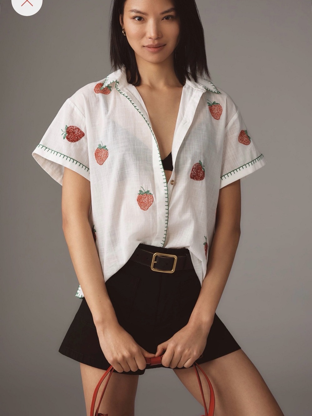 Maeve White Strawberry Embroidered Button-Down Shirt